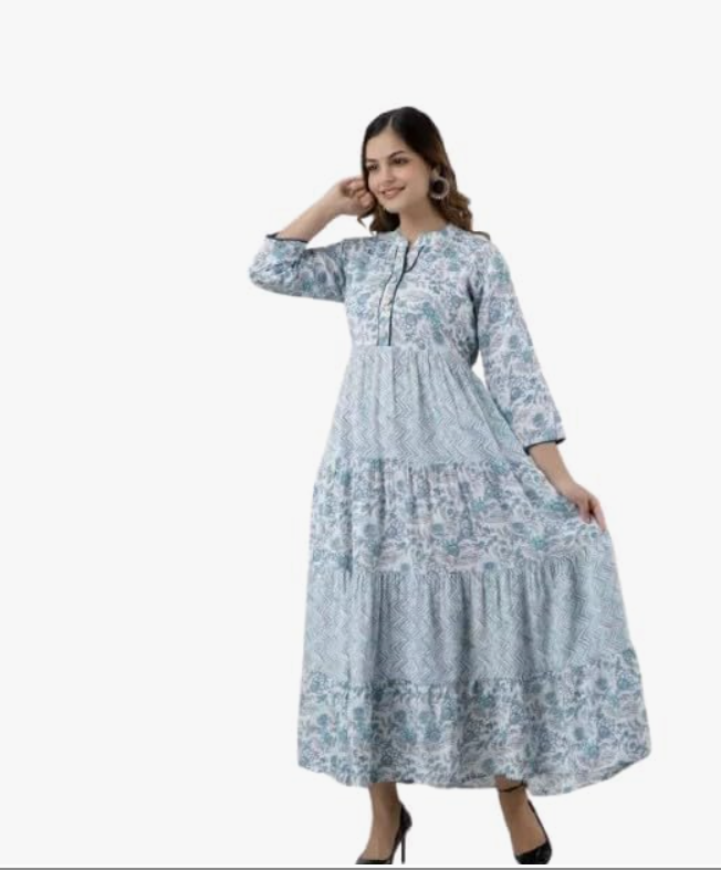 SkyBlue Long Gown for Womens,Rayon with Beautifull Design, 3/4 Sleeves